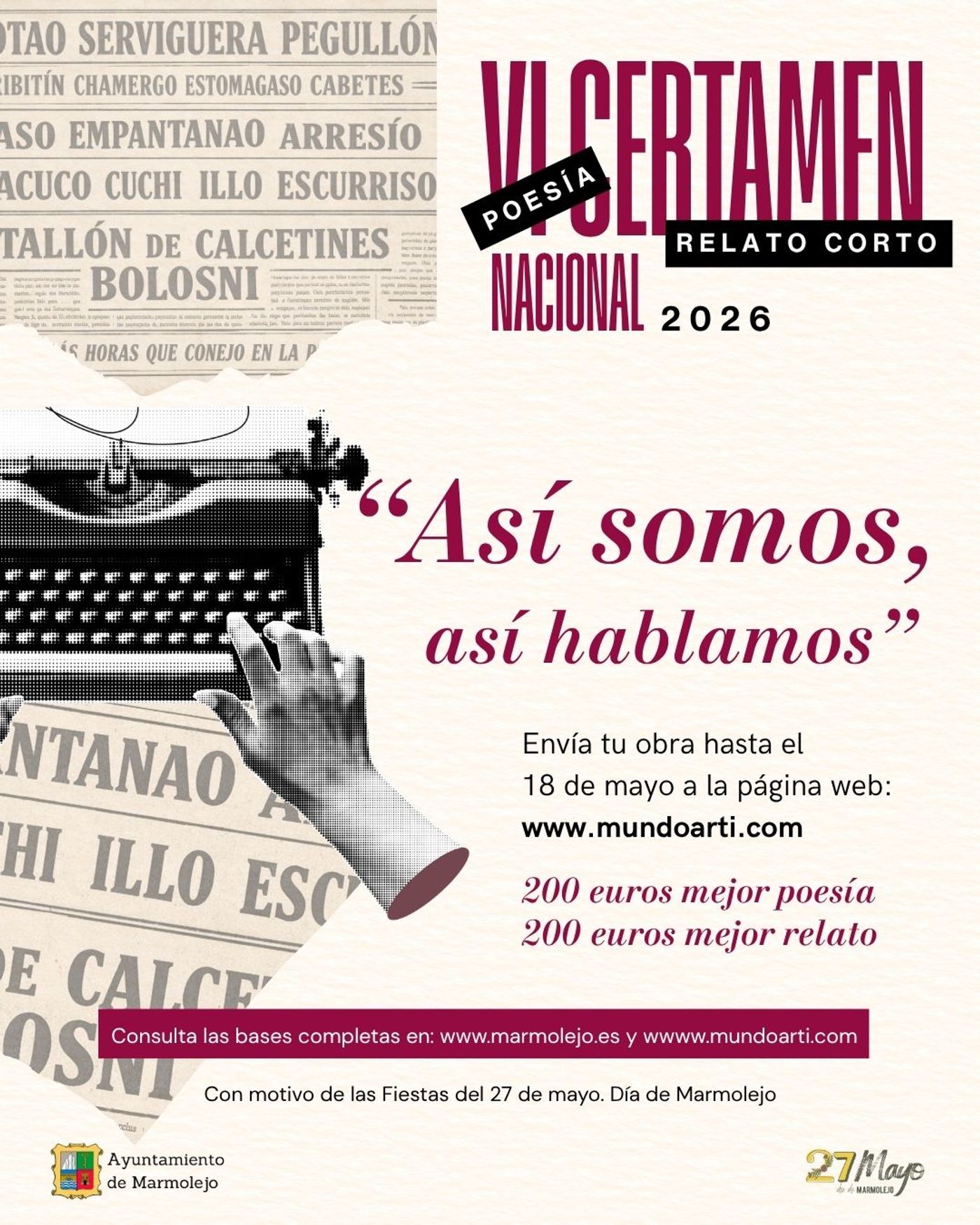 VI CONCURSO NACIONAL DE RELATO CORTO Y POESÍA 27 DE MAYO, DÍA DE MARMOLEJO 2026 