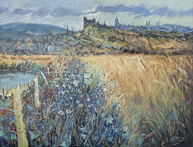 Paisaje en primavera con pueblo